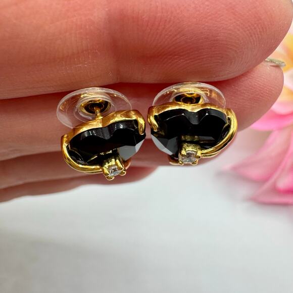 SETA Black Faceted Heart Earrings Gold Tone Cage Rhinestone Studs Gift Signed - Picture 3 of 11